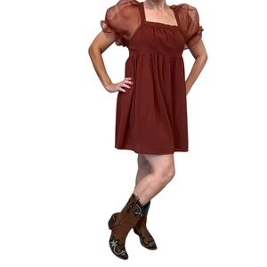 Entro Rust Square Neck Babydoll Mini Dress Sheer Puff Sleeve Boho Size Large